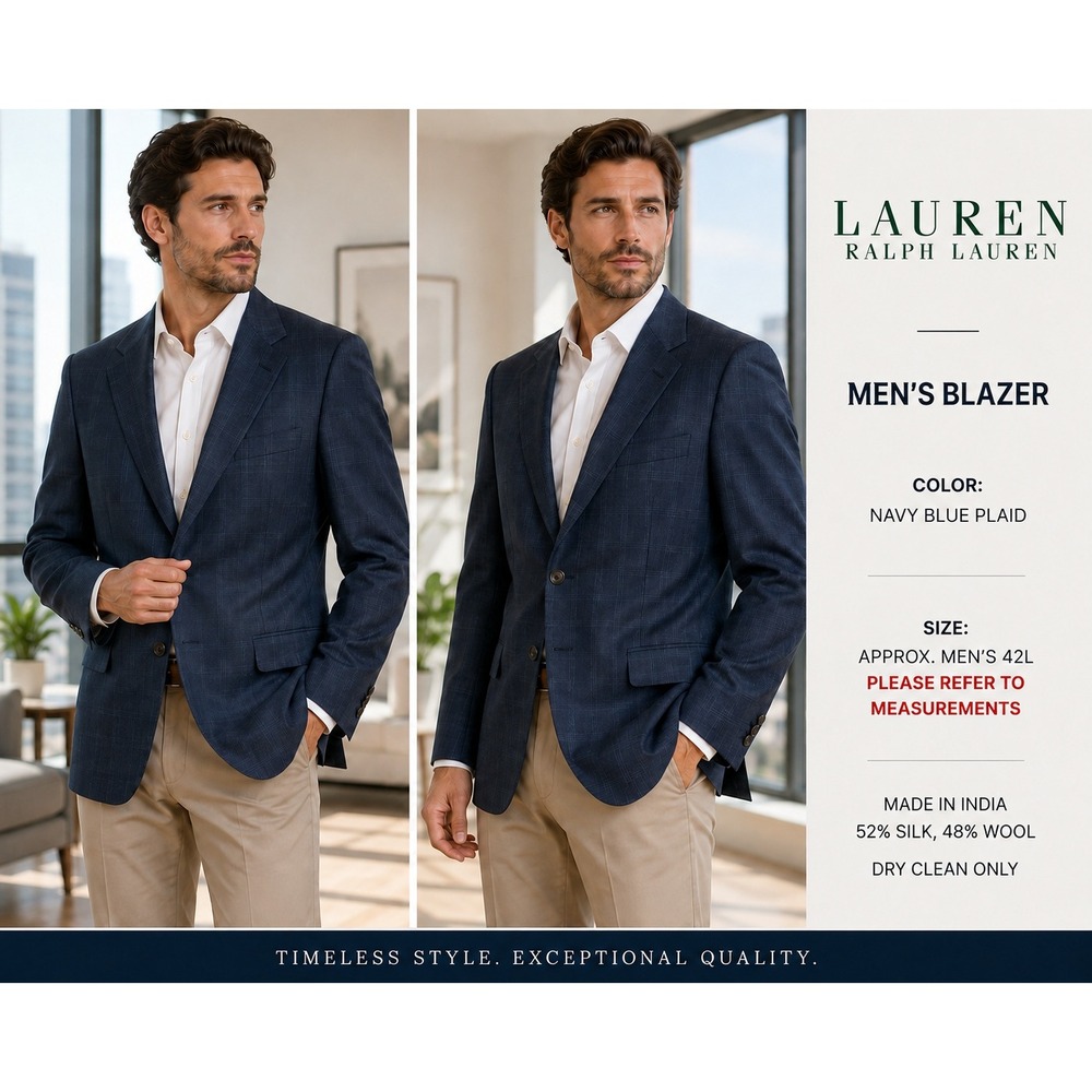 Lauren Ralph Lauren Blazer Mens 42L Navy Windowpane Silk Wool Sport Coat #1856